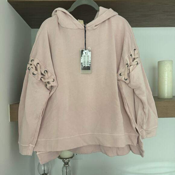 Avocado Lace Up Sleeve Hooded Sweatshirt in Light Pink - Picture 1 of 5